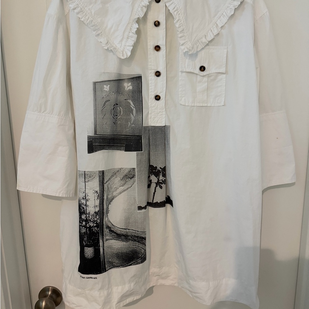 Ganni White Blouse with Black Graphic Print